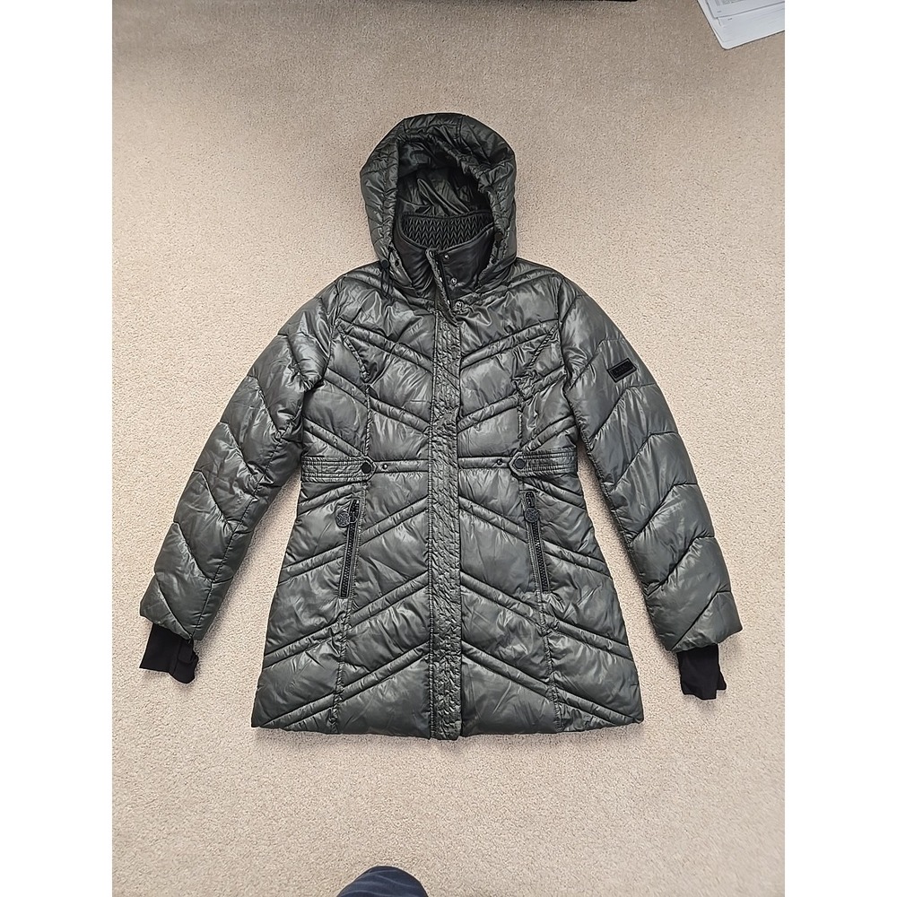 Nicole‎ Miller Hooded Parka Jacket Size Medium Green Quilted